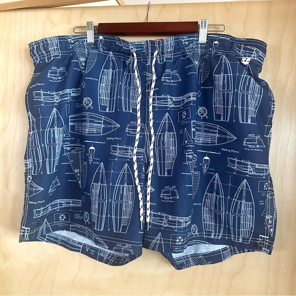 Lands End Mens Sailing Plans Print Swim Trunks Shorts Size XXL 44-46 Blue Lined